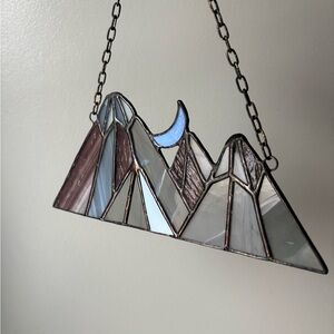 Stained Glass Mountain Art with Blue Moon
